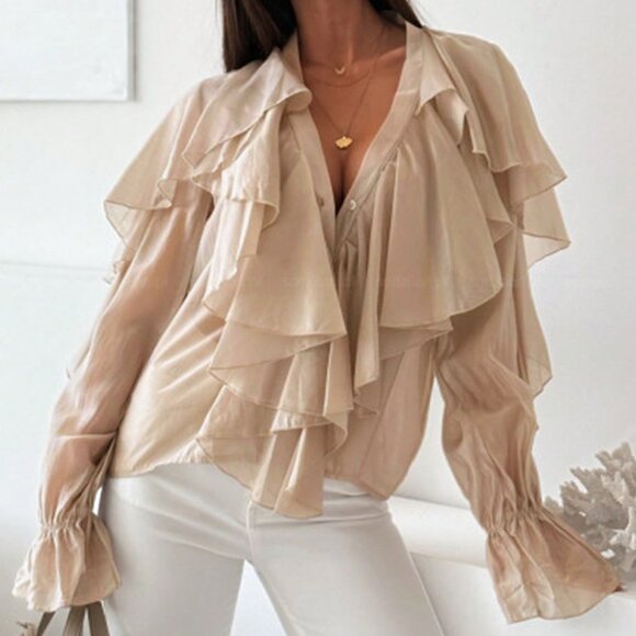 Apricot Casual Boho Women's V-Neck Lantern Sleeve Top - Picture 4 of 5